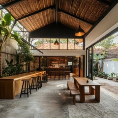 Fototapete - Serene interior cafe space showcasing a tranquil setting with natural light and minimalist design in natural tones