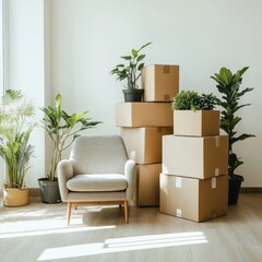 Poster - Serene relocation scene chair with plants boxes moving day sunlight indoor space clean aesthetic contemporary