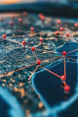 Fototapete - Global Connection Network with Red Pinpoints and Lines Showing a Connected World in a Digital Style