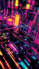 Leinwandbilder - Vibrant cityscape illuminated with neon hues creates a dazzling digital abstract technology backdrop