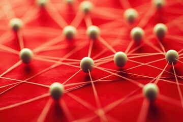 Leinwandbilder - Abstract Network Connection on Red Background with Interconnected Nodes and Lines Concept
