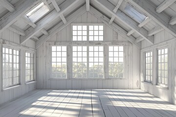 Leinwandbilder - Spacious Attic Interior with White Wooden Beams and Sunlight Streaming Through Windows Serene and Bright