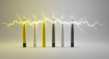 Poster - A row of pencils in varying shades connected by lightning on a light gray background studio shot