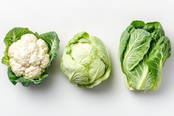 Aufkleber - Trio of fresh cauliflower green cabbage and savoy cabbage on light background overhead angle studio shot