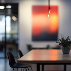 Leinwandbilder - Modern office interior with minimalist design warm lighting and indoor plant in a creative workspace setting