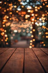 Poster - Enchanting wooden table under a bokeh light canopy creating a warm and cozy ambiance for celebration and festive mood