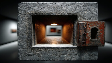 Poster - Industrial lock viewed through a rusty keyhole in an art gallery