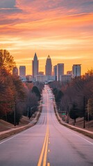 Poster - Dramatic Skyline at Sunrise Captured in Cityscape View over a Road with Majestic Sky and Colorful Fall Trees