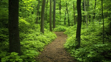 Naklejka na meble Enchanting woodland path beckons with lush greenery and sunlight filtering through canopy
