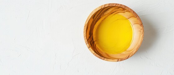 Aufkleber - Rich olive oil in rustic wooden bowl on textured white background studio shot from above