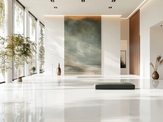 Fototapete - Serene light filled home hall interior elegant artwork minimalist decor soft daylight stylish design simple form clean lines open space aesthetic appeal