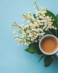 Aufkleber - Serene morning scene lily of the valley blooms delicate floral arrangement light blue background tranquil coffee