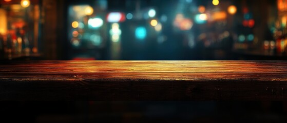 Aufkleber - Polished wooden bar top with warm ambient lighting against a blurred bokeh background ideal for product mockups