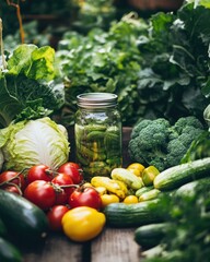 Poster - Garden fresh vegetables in mason jar harvest abundant and colorful assortment on rustic table