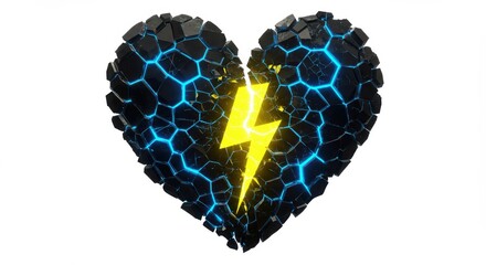 Poster - A cracked heart with blue veins and a yellow lightning bolt on a white isolated background