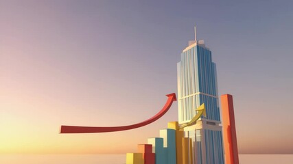 Poster - A tall modern skyscraper rises behind colorful bar charts with upward arrows, symbolizing growth and success at sunrise.