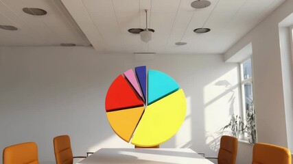 Poster - A colorful 3D pie chart hovers above a modern conference table surrounded by orange office chairs in a bright meeting room.