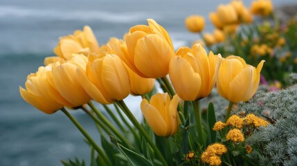 Poster - Bunches of vibrant yellow tulips sway gently in the warm breeze, nestled near tranquil waters on a bright afternoon, showcasing nature's beauty and brightness