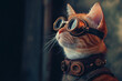 © Abeetha Prasad - Orange tabby cat wearing steampunk goggles and collar looking up with a curious expression on its face