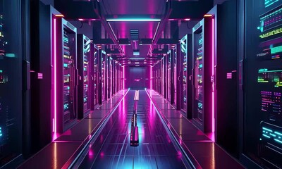 Poster - A striking server room features rows of glowing servers providing colorful illumination. The sleek aisles reflect modern technology in a space designed for high-performance processing.