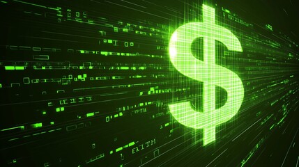 Poster - Neon Green Glowing Dollar Sign On Abstract Technology Background Representing Finance and Wealth