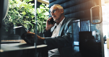 Poster - Business, mature man and phone call in office with discussion, schedule update and finance contact. Accountant, tablet and listen on mobile, proposal feedback and negotiation of investment in cubicle