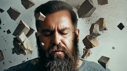 Aufkleber - Pieces of rock and dust exploding from a man's head, symbolizing mental health issues, stress, anxiety, and depression, against a gray background