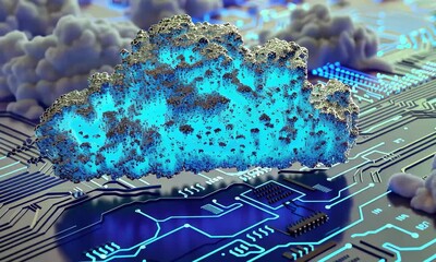 Fototapete - A digital representation of a cloud floats above a glowing circuit board, surrounded by abstract clouds, symbolizing advances in technology and connectivity.