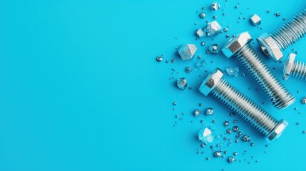 Poster - close-up view of steel bolts and nuts on vibrant blue surface