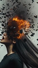 Poster - Surreal animation depicts a woman with long dark hair, her head exploding into flames and debris against a stark white backdrop, symbolizing stress, anger, or mental breakdown