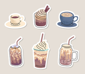 Poster - Cartoon Color Different Hot and Cold Coffee Beverage Stickers Set with Line Art Elements. Vector illustration of Americano, Cappuccino and Latte