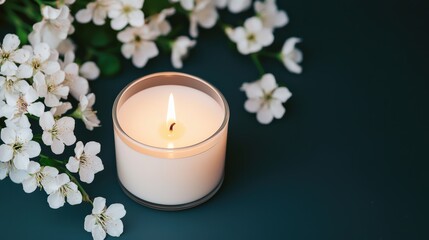 Poster - Burning candle glowing softly, surrounded by delicate white blossoms on dark background