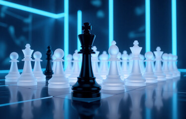 Poster - A black king chess piece stands prominently before a line of white pieces, set against a futuristic, neon-blue background.  Strategic planning and leadership are visually represented.
