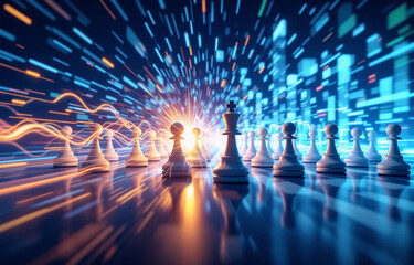 Poster - A glowing chess king stands amidst its army, bathed in vibrant streaks of light, symbolizing strategic leadership in a digital age.  The scene evokes speed, innovation, and power.