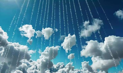 Poster - A bright blue sky filled with fluffy clouds is illuminated by sunlight. Digital binary data cascades down, merging the beauty of nature with technological videory.