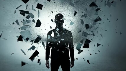 Poster - Businessman silhouette shattering into mirror fragments, visualizing psychological stress, workplace pressure, and mental health vulnerability against stark white background