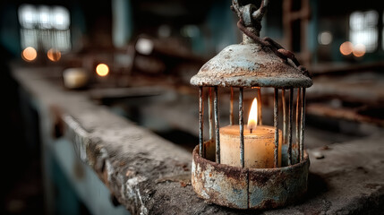 Poster - Rusty Lantern with Candle Flame in Abandoned Industrial Setting