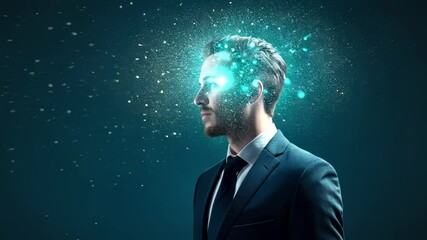 Poster - Innovative businessman experiencing glowing energy particles radiating from mind, symbolizing creative potential and intellectual breakthrough in mysterious dark environment