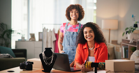Poster - Fashion, smile and women with support, portrait and jewelry with ecommerce, confidence and cooperation. Face, people and entrepreneur in boutique store, laptop and teamwork with designers and pride