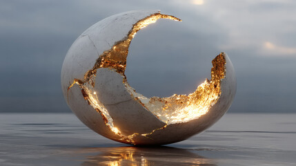 Poster - Shattered Eggshell with Glowing Gold Interior on Calm Water Surface