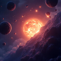 Wall Mural - Massive crack in the cosmos emitting glowing particles and alien lights, multi-color palette in harmony with soft blending edges