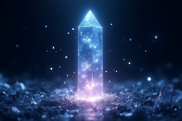 Wall Mural - Sci-fi crystal scepter standing on a glowing pedestal in the center of an alien desert landscape at twilight, surrounded by energy beams 