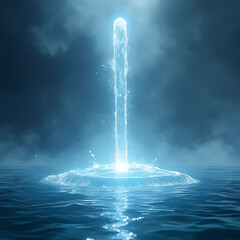 Wall Mural - Majestic sci-fi scene of a crystalline scepter rising from the surface of an ocean-like liquid mirror, atmospheric haze and energy particles surrounding