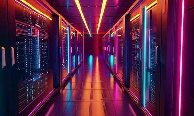 Poster - A brightly lit corridor in a high-tech data center features rows of servers illuminated by striking neon lights, creating a futuristic atmosphere during nighttime.