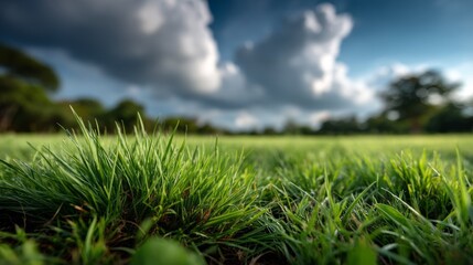 Aufkleber - Springtime captures the essence of renewal as emerald grass flourishes under a vast sky filled with fluffy clouds. Nature awakens, inviting fresh beginnings and outdoor adventures