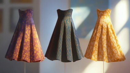 Aufkleber - A row of three dresses hung up on a clothes rack, ready for wear or display