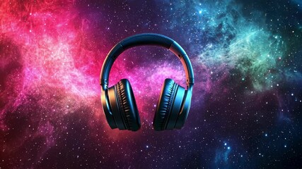 Poster - Sleek black and gold wireless headphones hovering against pristine white background, complemented by rhythmic musical notes in matching color palette, highlighting audio sophistication