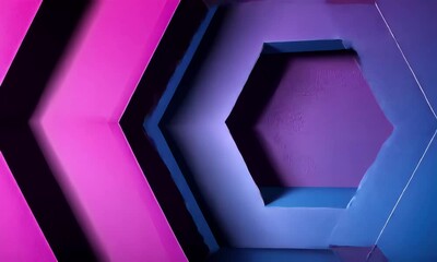 Fototapete - A collection of hexagonal shapes in varying shades of purple and pink arranged on a gradient background, offering a bold and modern aesthetic for creative projects.