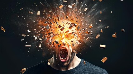 Poster - Intense portrait series of a man screaming with his head visually exploding into small golden fragments, symbolizing stress, anger, or mental overload against a dark backdrop