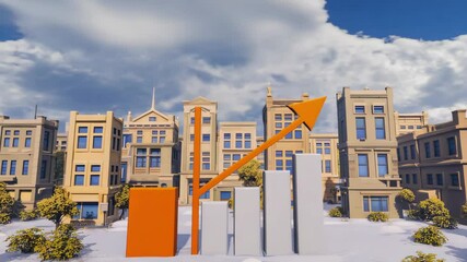 Poster - A bar chart with an upward arrow stands in front of city buildings, symbolizing growth and success.